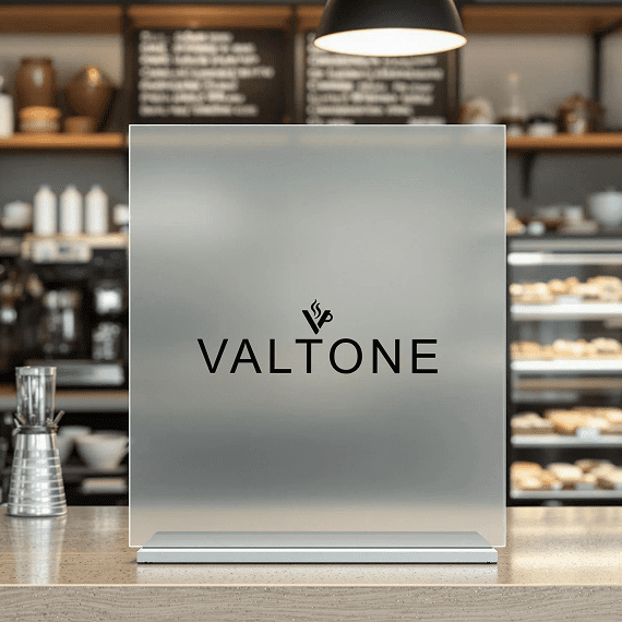 Cafe counter with Valtone branded sign.