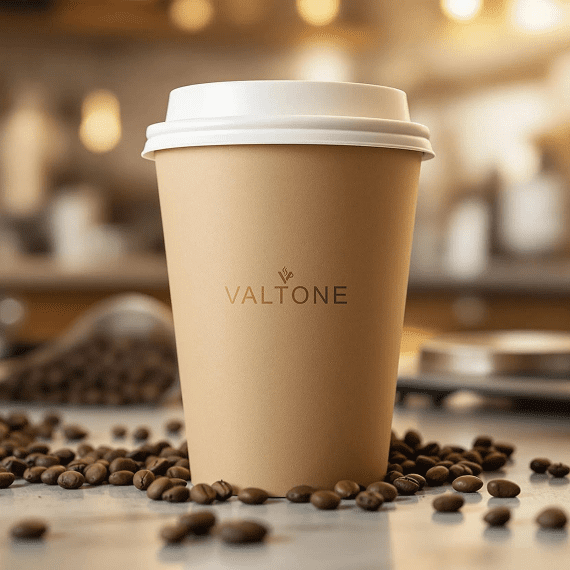 Coffee cup with scattered beans